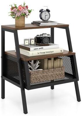 Costway Industrial Nightstand 3-Tier End Table with 2 Open Shelves and Metal Mesh Compartment-Rustic Brown