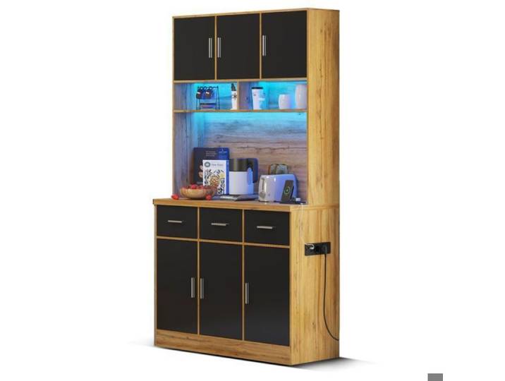 Buffet haut - 100x40x180 cm - Éclairage LED - Prise intégrée - Noir