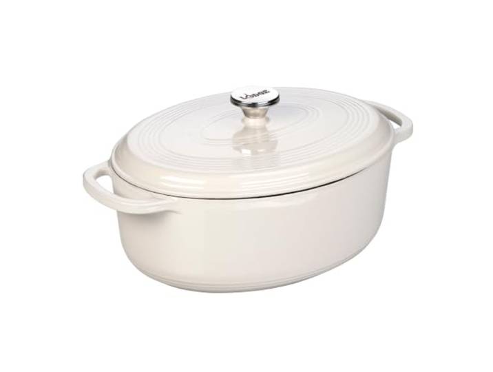 Lodge Schmortopf aus emailliertem Gusseisen, oval, mit Deckel, Doppelgriffe, ofenfest bis 260 °C oder auf dem Herd, zum Marinieren, Kochen, Backen, Kühlen und Servieren, Austernweiß