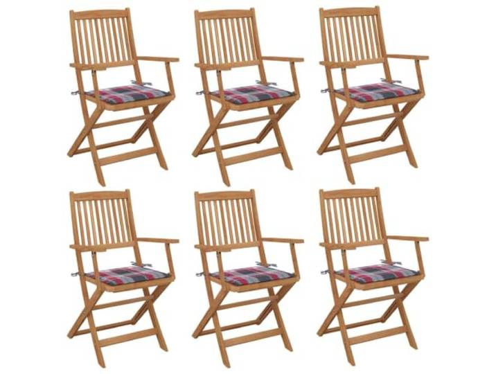 GHVBNMF 6er Set Klappstühle Akazie Massivholz mit Kissen Balkonstühle Platzsparende Terrassenstühle aus geöltem Echtholz inklusive rot karierten Sitzauflagen mit praktischen Haltebändern.