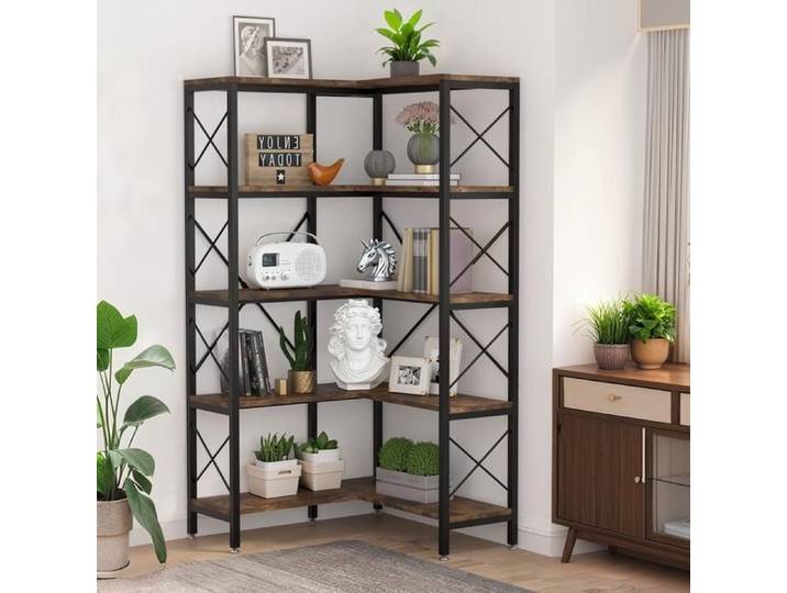TOPESCT Bibliothèque d'angle Moderne à 5 étagères - Bibliothèque167CM - Marron - Adulte