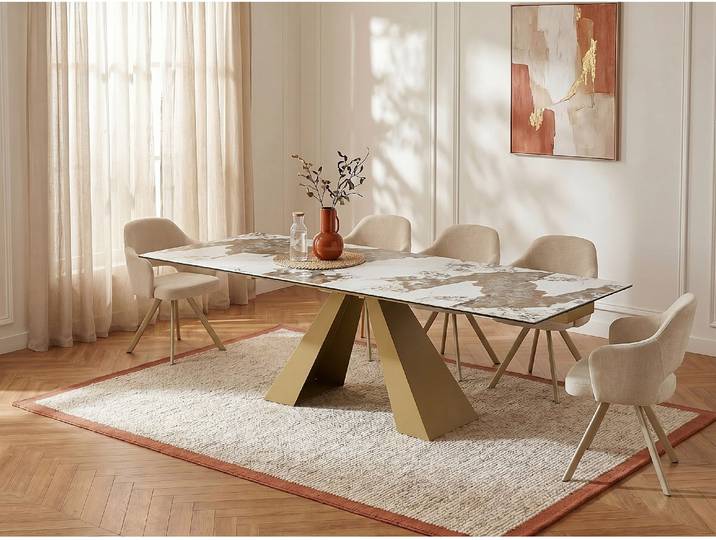 Esstisch ausziehbar - 6 bis 10 Personen - Sicherheitsglas, Keramik & goldfarbenes Metall - Marmor-Optik Schwarz & Taupe - LOZIPA von Maison Céphy