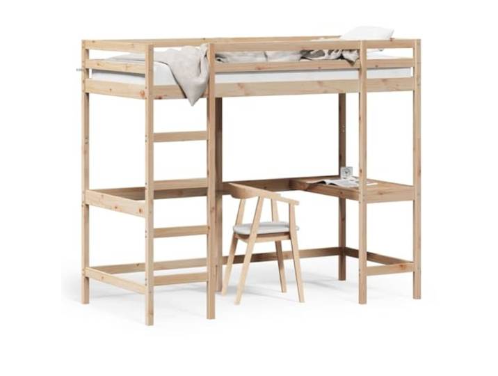 PUGYNBK Hochbett, Kiefernholz, 90 x 200 cm Mit Schreibtisch, Sicherheitsgeländer, robuste Lamellen, ohne Matratze