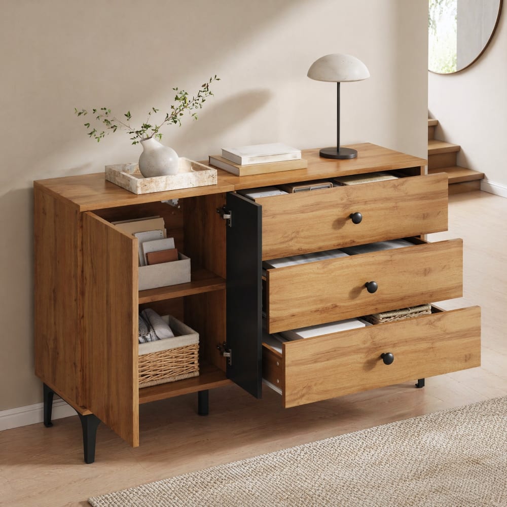 REDOM Buffet en pb avec porte et 3 tiroirs noir naturel 120x35x76 cm Noir 120x76x35cm