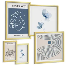 BILDER SET 5er Set - 50x50 cm & 20x30 cm & 40x60 cm Goldrahmen - abstrakte Poster mit Blumenlinien