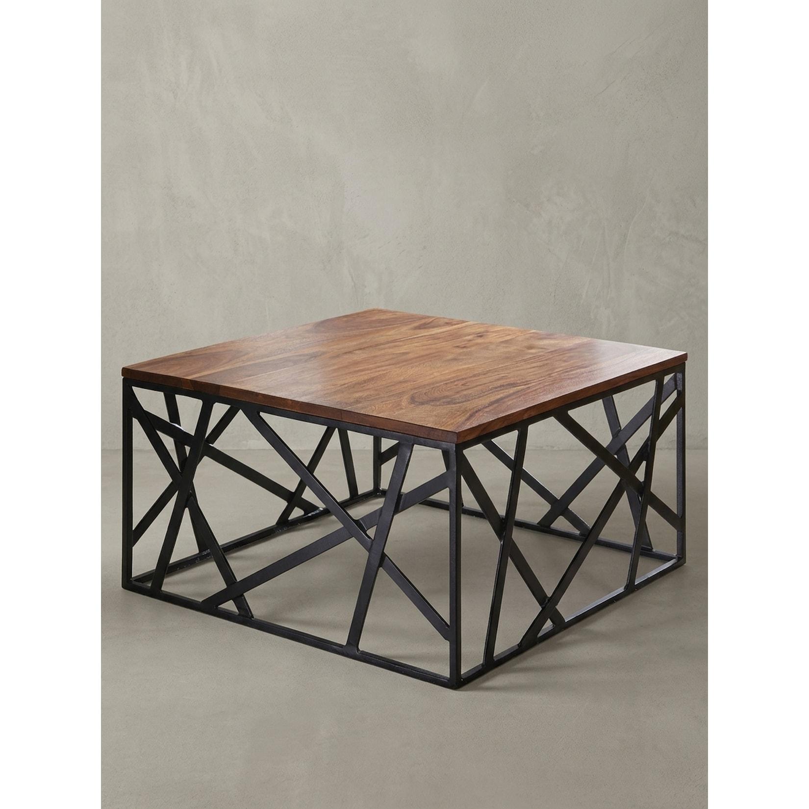 Couchtisch Quadratisch in Braun-Schwarz, Massivholz-Metall, 60x35x60 cm, Industrial Style