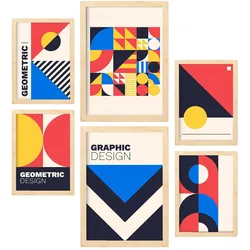 POSTER Set Mit 6 Drucken Im Bauhaus 1 Geometrische Designkollektion Drucke Mit Ästhetische Dekorative Für Zuhause A3 & A4 Rahmen Aus Hellem Holz