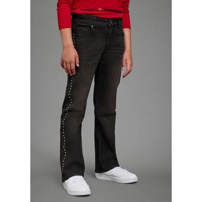 Bootcut-Jeans BRUNO BANANI "Stretchjeans mit Nieten an Seitennaht, perfekter Modeartikel", Mädchen, Gr. 134, N-Gr, schwarz (schwarz denim), Denim/Jeans, Obermaterial: 51% Baumwolle, 45% Polyester, 2% Elasthan, 2% Viskose, Abriebeffekte, bootcut fit...