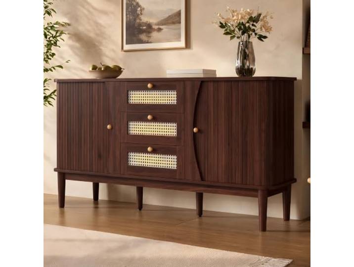 Elaimoros Sideboard, Rattankommode, Kommode mit Schiebetüren, verstellbaren Einlegeböden und Abgerundeter Platte，Nussholzfarbe