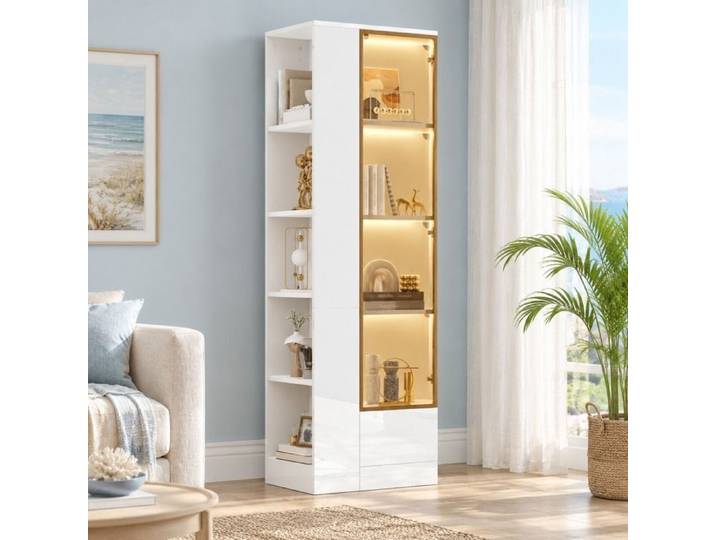Vitrine - ZEVKOR - Vitrine 1 porte vitrée LED réglable - Tiroir - Étagères ouvertes - Blanc brillant