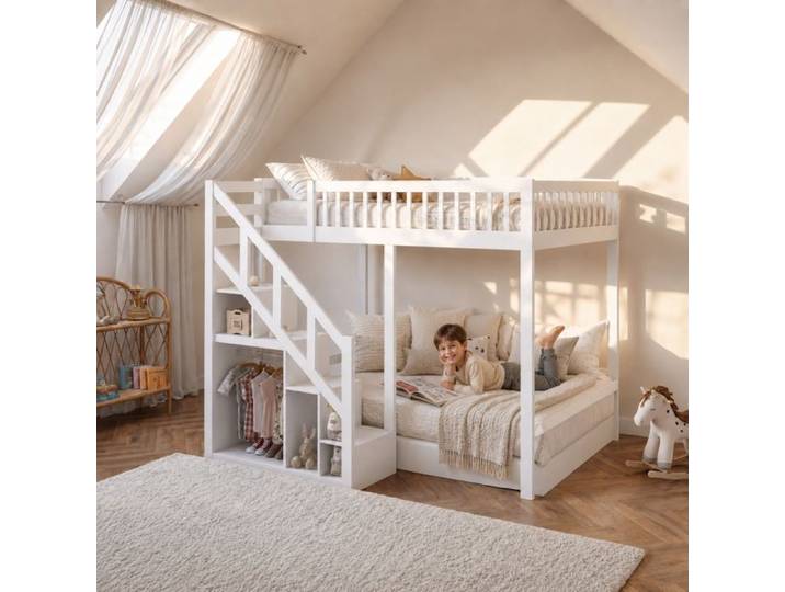 Lit Mezzanine 140x200 cm Lit Superposé Enfant Escalier de rangement barrières sécurité Lit Double mezzanine Bois massif Blanc