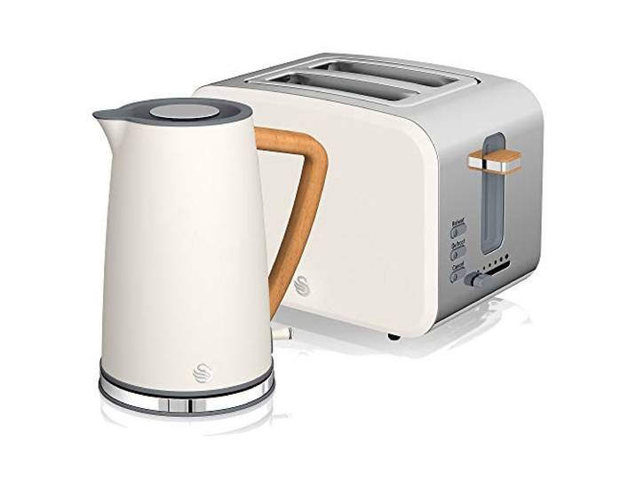 Swan Nordic Set Frühstücks-Wasserkocher, kabellos, 1,7 l, 2200 W, breiter Schlitz, 2 Scheiben, 3 Funktionen, modernes Design, Holzoptik, Weiß