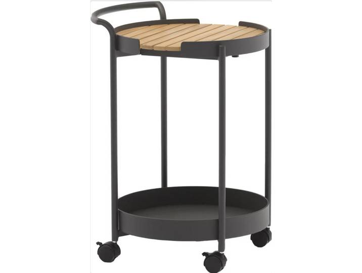 Zebra Gartenbeistelltisch, Anthrazit, Teakfarben, Holz, Metall, Teakholz,Teakholz, massiv, Hartholz,massiv, Hartholz, oval, Rollen, Rundrohr, 51x71x45 cm, abnehmbares Tablett, wetterbeständig, Gartenmöbel, Gartentisch, Garten-Beistelltische