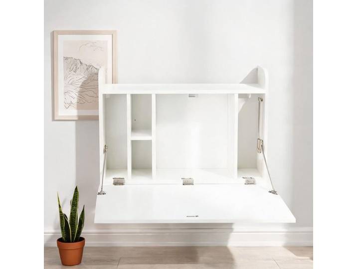 Bureau mural rabattable blanc 77x20x51 cm table ordinateur pliante avec rangements - Blanc Panneaux de particules 30.31 x 7.87 x