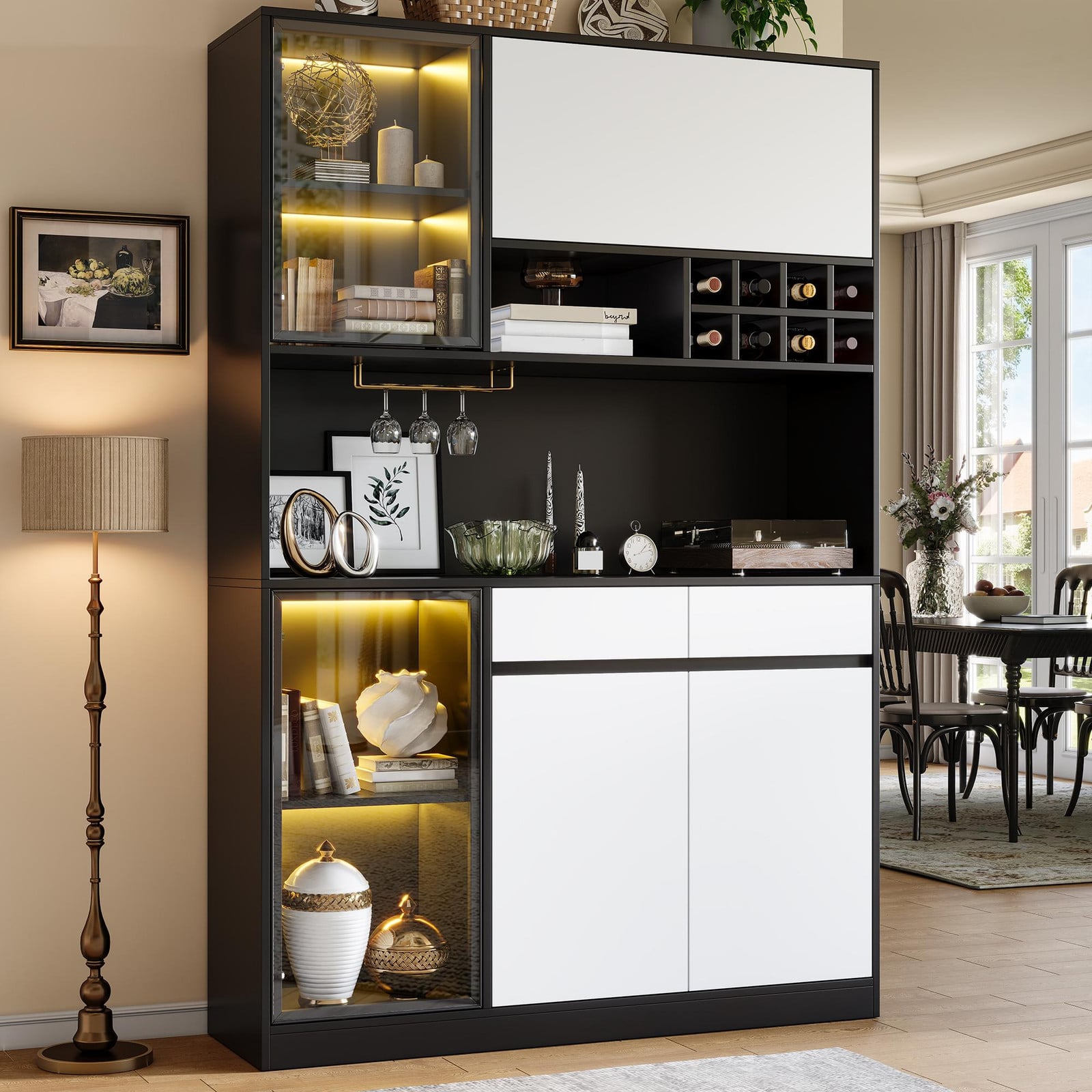 Flieks multifunctionele hoge kast met LED-verlichting, deuren en lades, zwart en wit, Hoogte: 180 cm