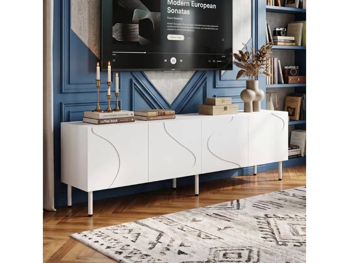 Meuble TV Lowboard 170cm-Banc Télé Rangement Salon Élégant-Lignes Ondulées 3D-4 Portes Push to Open-Style Moderne Chic-MDF PB Blanc