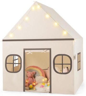 Costway Kids Play Tent Large Playhouse with Door Curtain and Windows Star Lights-Beige