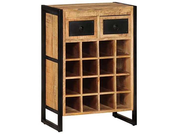 HBBMGYD Weinregal für 16 Flaschen, Mangoholz, massiv Handgefertigt, 2 Schubladen, Eisen, pulverbeschichtet, Schwarz, Wandbefestigung inklusive