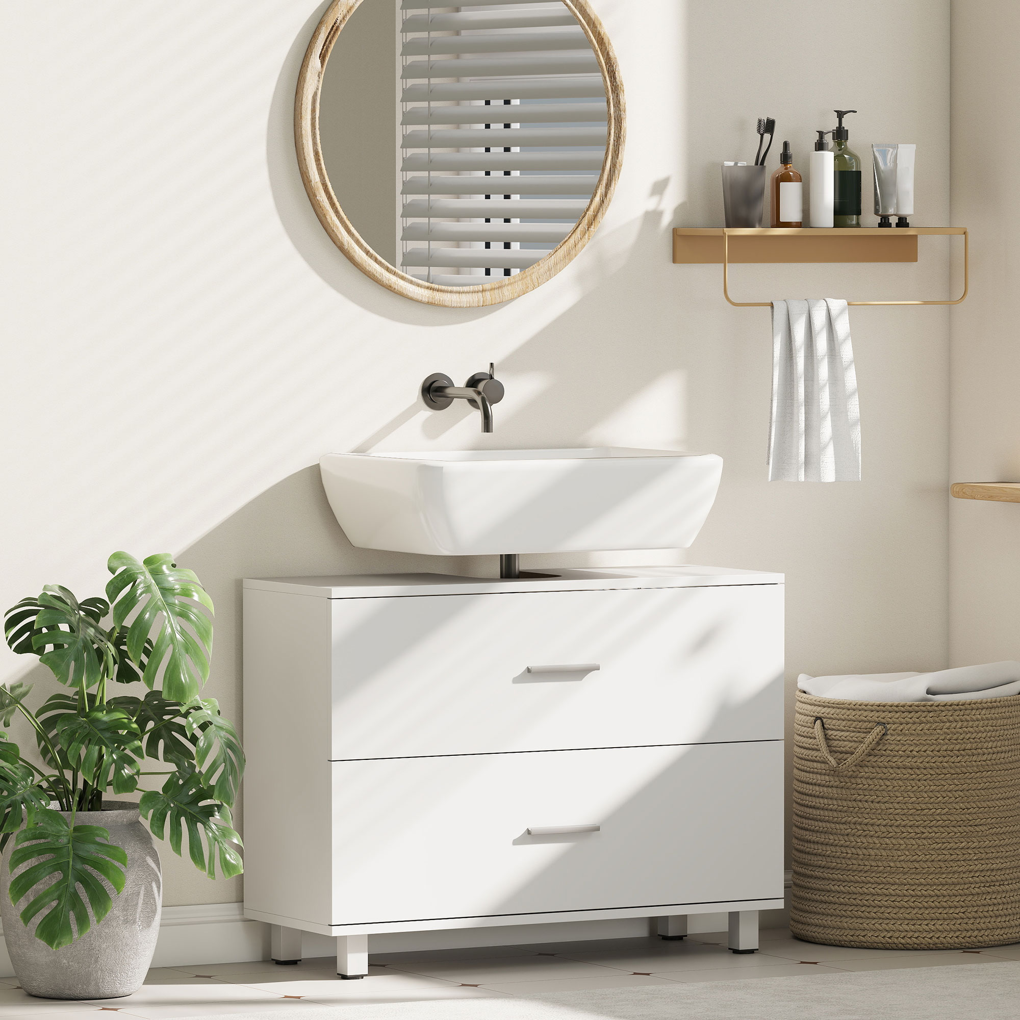 Homcom Mobile Sottolavabo Moderno con 2 Cassetti e Divisori per Lavabo Senza Piedistallo, 80x30x60 cm, Bianco   Aosom Italy