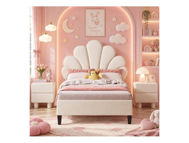 LuxusKollektion Kinderbett Polsterbett Kinderbett 90x200 Blumen Kopfteil Samt Beige