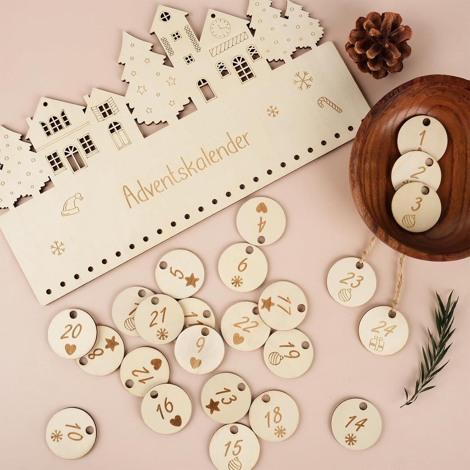 oCreon Houten Adventskalender met cijfers 1-24 en jute koord voor kerstdecoratie