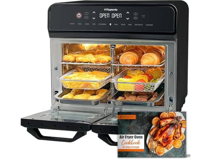HYSapientia 22L heißluftfritteuse 2 kammern XXL Minibackofen mit Umluft,LED-Touchscreen,10 Programmen, Heissluftfritteuse Dual Zone airfryer Oven,Zwei Kochmodi mit Teilerplatte,Edelstahl,Rotisserie