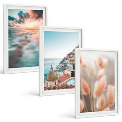 BILDER SET 3er Set - 40x60 cm Weißer Rahmen - Sonnenuntergang am Meer, Häuser, Blumen
