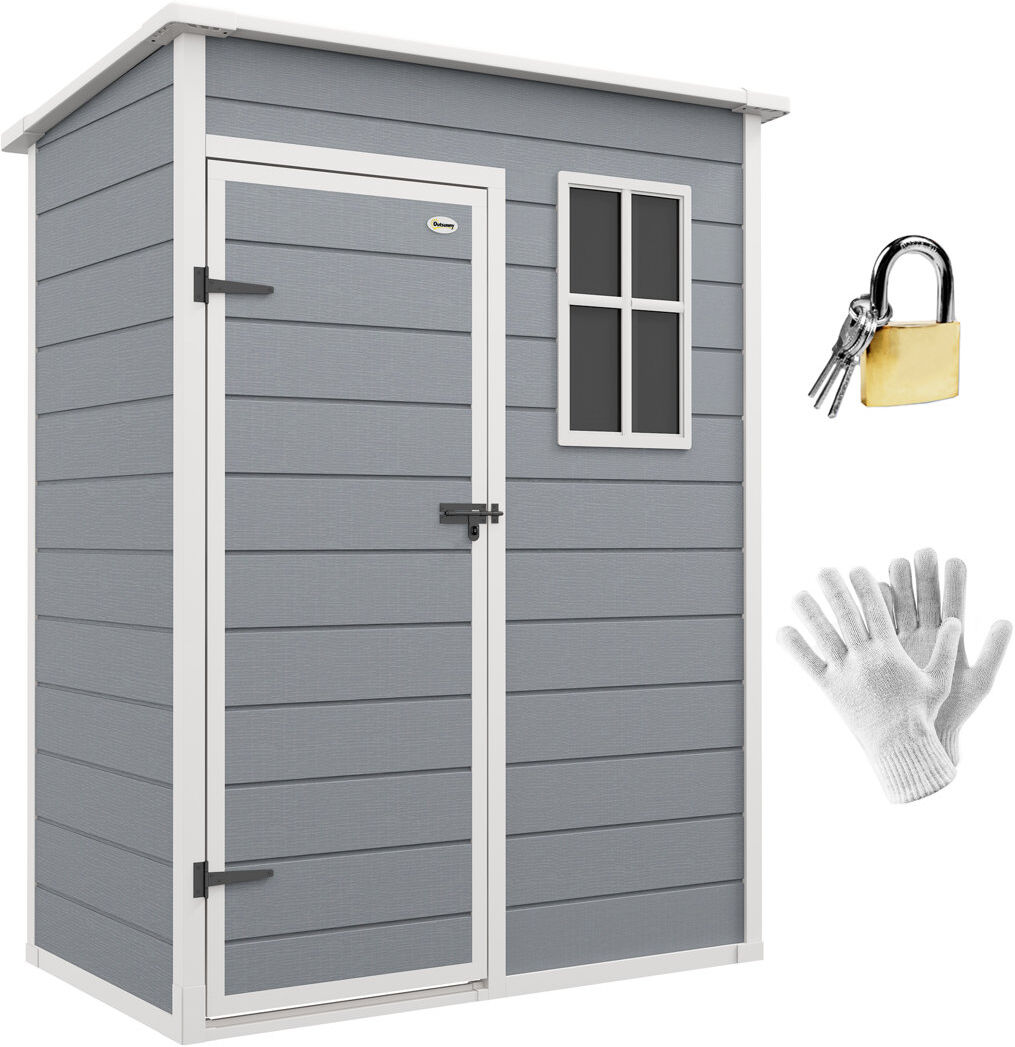 Outsunny Caydyn 5' x 3' Plastic Garden Shed with Floor Lockable Door Grey Gray 151cm W X 92cm D X 193cm H