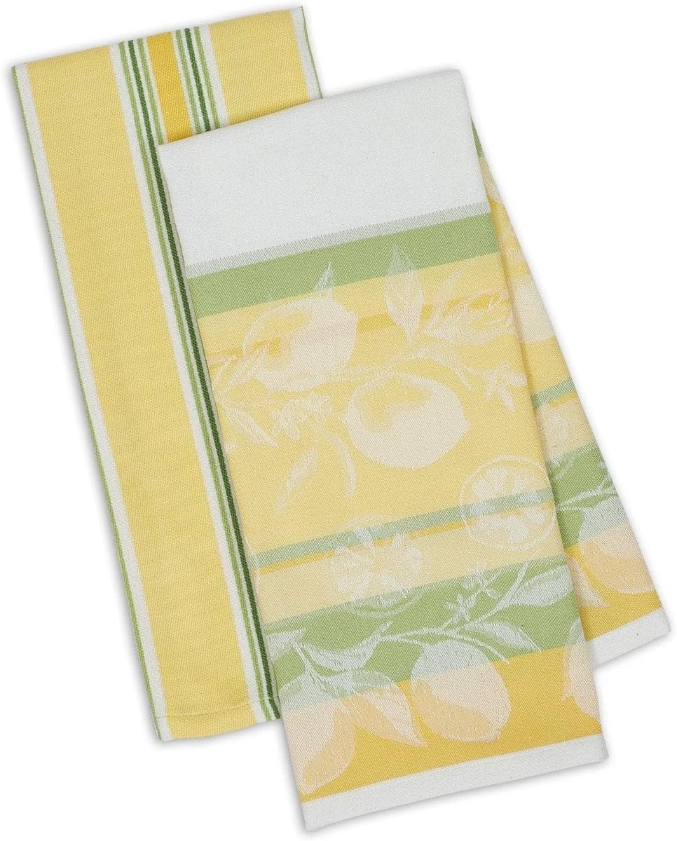 Set van 2 gele en groene keukenhanddoeken met citroenprint en strepen