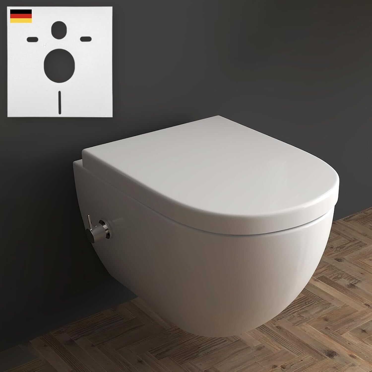 Alpenberger Wand WC mit Bidet Funktion | Dusch WC Kloschüssel & Toilettendeckel mit Absenkautomatik | Toilette Spülrandlos mit Armatur | Taharet WC Passend Geberit | Hänge WC Set mit Schallschutz