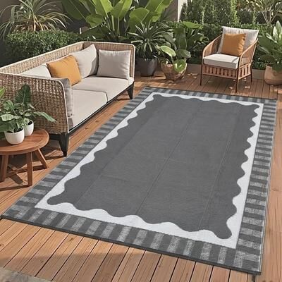 Garvee Large Scalloped Outdoor Rug Patio Rugs Outdoor Waterproof, Reversible Plastic Straw Camping Rug, Modern Bordered Outdoor