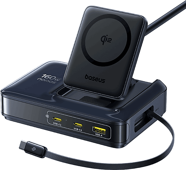 REACONDICIONADO Seminuevo Muy bueno Docking Station - Baseus Nomos NH21 4-en-1, Universal, Tipo‑C, USB y Qi2, Carga inalámbrica simultánea