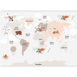 Artgeist, Tapete, Fototapete - Map in Shades of Beige - Continents With Animals (250 x 175 cm)