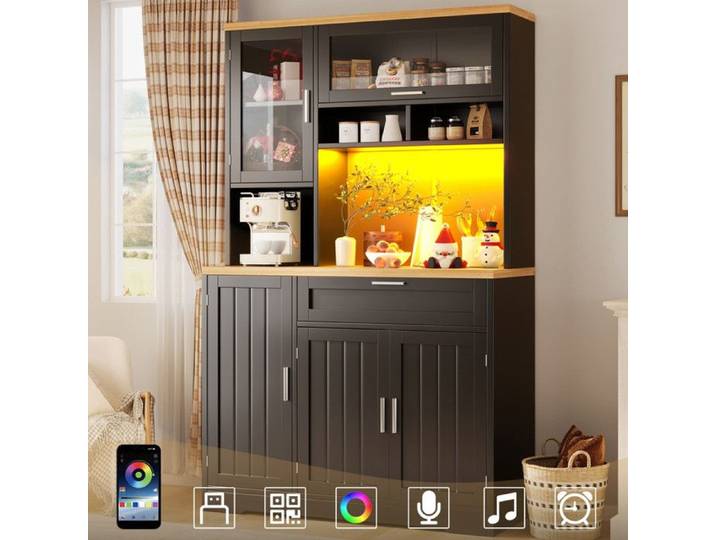 Buffet Salle a Manger Haut 104 cm Buffet Cuisine avec Éclairage LED Meuble Cuisine Rangement avec Plan de Travail Moderne Noir