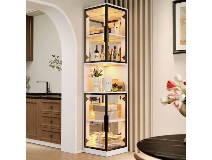 Vitrine de 205 cm de haut avec éclairage LED et doubles portes en verre vitrine d'angle 5 couches dispositif anti-basculement blanc