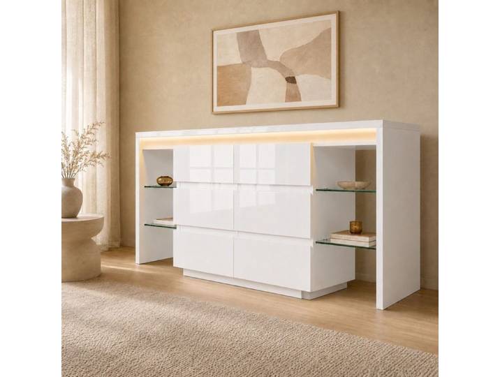 Commode Blanc Haute brillance Sideboard avec commande d'éclairage LED Smart App Armoire polyvalente moderne pour salon