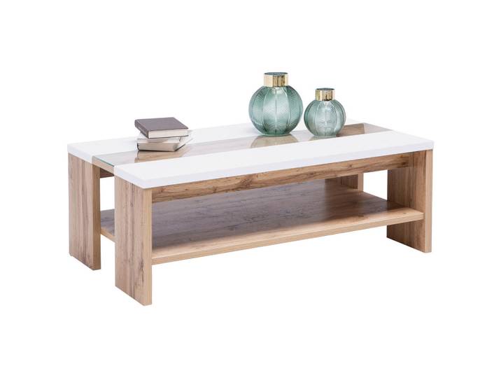 Hom`in Couchtisch, Weiß, Eiche, Glas, rechteckig, eckig, 65x40x110 cm, Wohnzimmer, Wohnzimmertische, Couchtische, Couchtische Glas