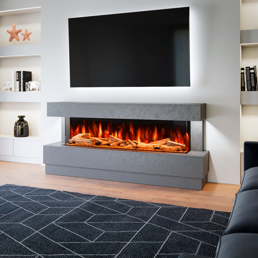 Evolution Fires Raphael Freestanding Electric Fireplace Suite   Textured Stone Effect   1500mm 3-Sided Led Electric Fire with Panoramic Flame   Remote & App Control   Grey 88cm H X 195cm W X 41cm D