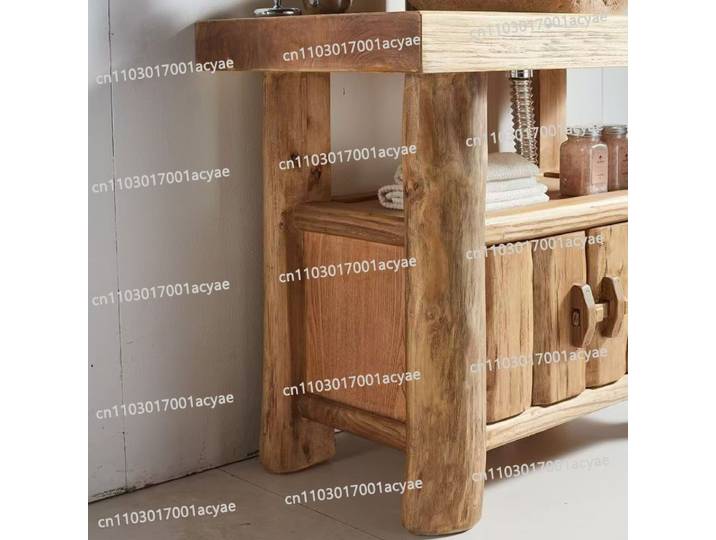 Ensemble de meubles de salle de bain en bois d'orme massif, style rustique rétro - Lavabo nostalgique avec armoire de rangement pour salle de bain de style vintage