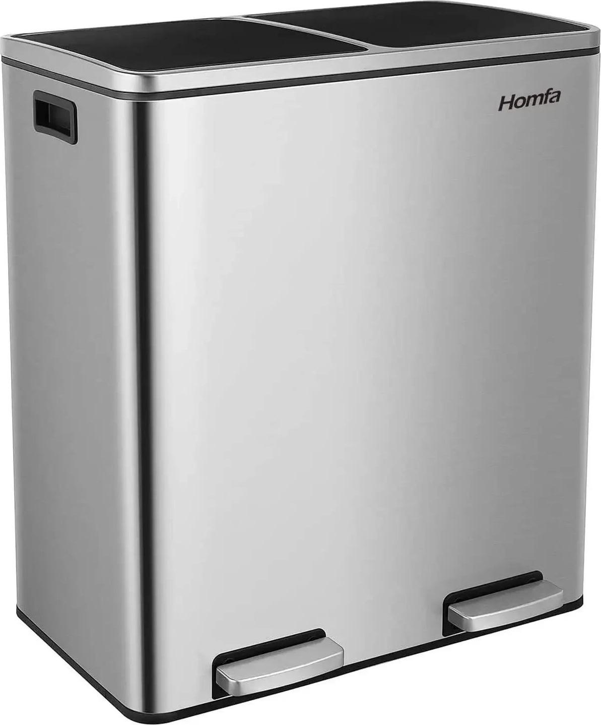 Küchen Abfalleimer Mülleimer Recyclingbehälter - Treteimer mit 2 Fächern - 60 l Edelstahl - Soft-Close Deckel - Silber