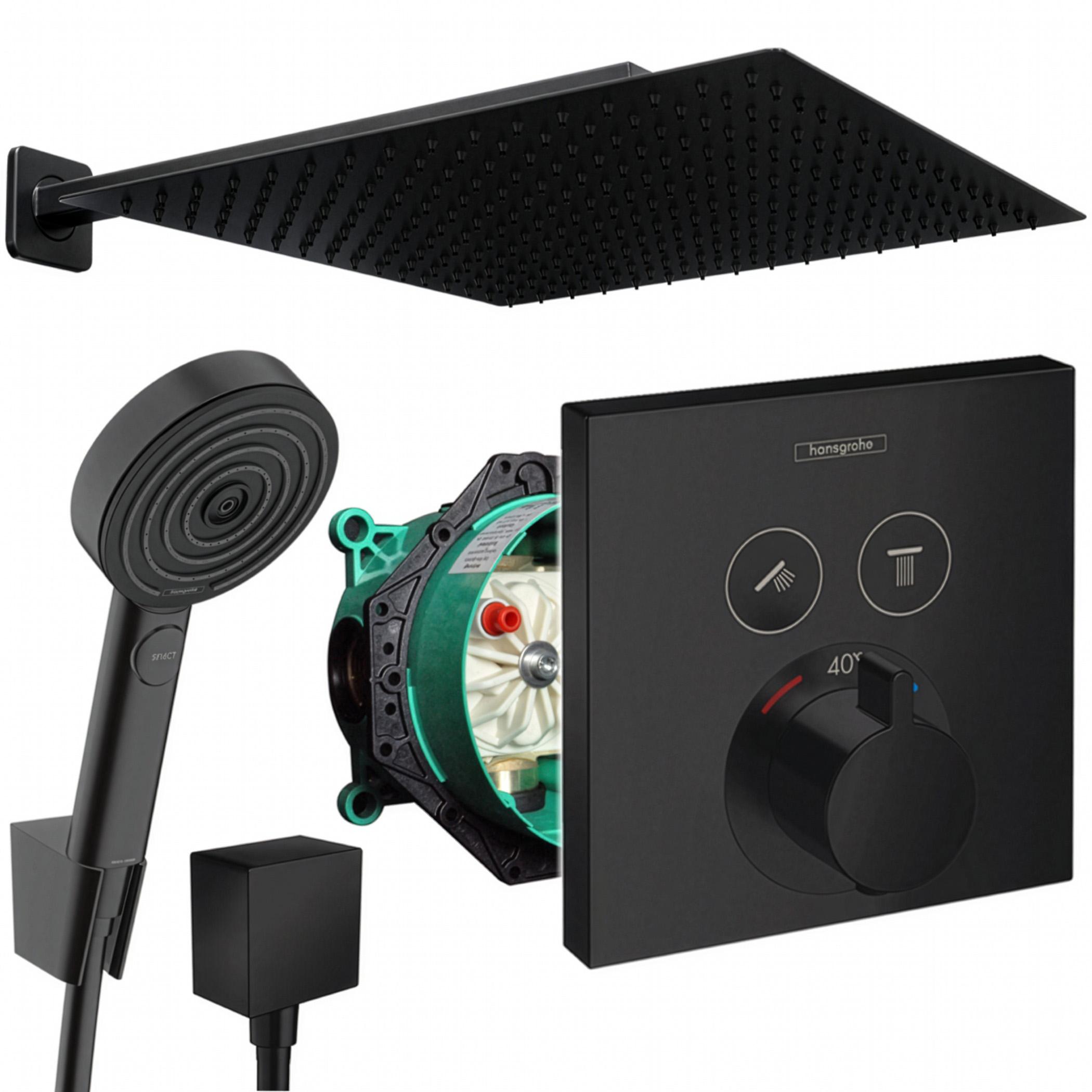 Hansgrohe und Jowi Unterputz Duschsystem ShowerSelect Thermostat, Schwarz, 360x360 mm Kopfbrause
