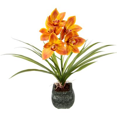 Kunstblume OTTO HOME "Orchidee", orange, B:35cm H:40cm L:25cm, Polyester, Kunstpflanzen, Mit Blätter im Topf aus Zement Künstliche Blume Cymbidium-Orchidee