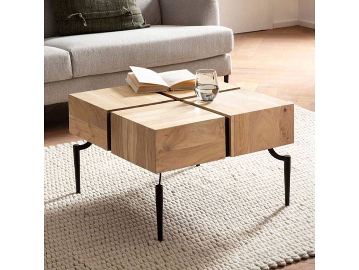 WOHNLING Table Basse Carrée Bois Massif Métal 60x60x40 cm Table Salon Moderne