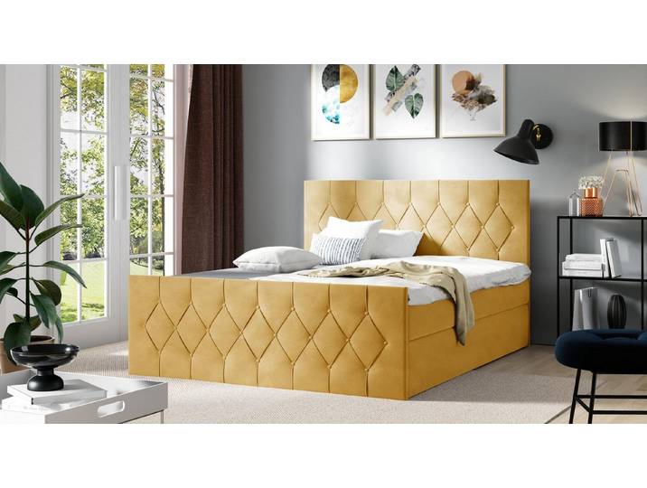 JVmoebel Boxspringbett Designer-Boxspringbett Gelb mit Polsterkomfort und Holzgestell (1-St)