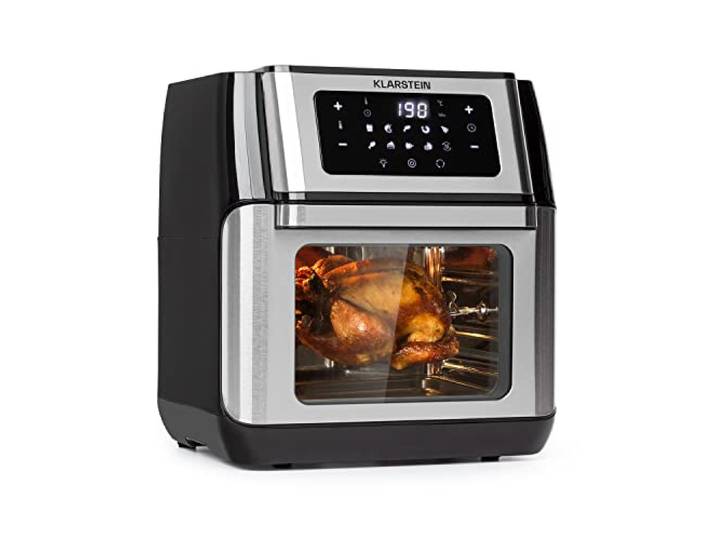 Klarstein AeroVital Fry Heißluftfritteuse,3D-heating System: 1500W,XL-Volumen: 10L, 9 Programme, Cool touch housing, 60 Minuten-Timer, Thermostat: bis 220°C, Touchscreen-Kontrollfeld, schwarz/silber