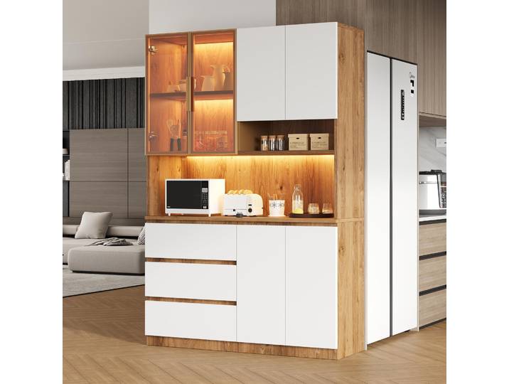 Merax Küchenschrank Küchenvitrine mit LED-Beleuchtung, 3 Schubladen, 6 Türen, Ablagebretter, Multifunktional, Hochschrank, Buffetschrank, Weiß+Natur