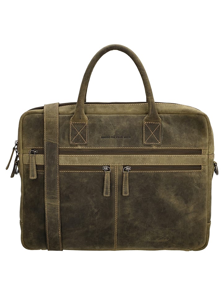 HIDE & STITCHES Leder-Businesstasche in Khaki - (B)40 x (H)30,5 x (T)7 cm - onesize