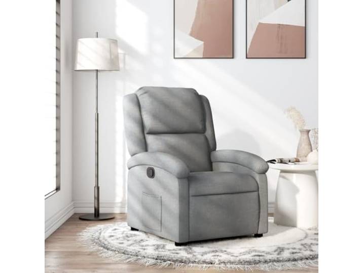Relaxsessel mit Manueller Liegefunktion, Hellgrauer Stoff, Holz Metall Manuelle Liegefunktion, 135 Grad Neigung, Seitentasche, belastbar bis 110 kg, atmungsaktiver Stoff