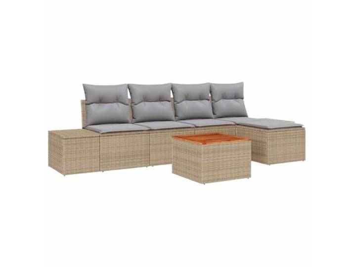 PUGYNBK Sitzgruppe 6-teilig beige synthetisch Rattan Modular verstärkter Stahl, Akazientisch, Polyesterkissen, ideal für Terrasse