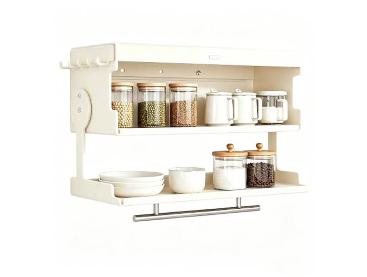 Absenkbarer Küchen Organizer für Hängeschränke, Zweistöckiges Gewürzregal 30 kg Tragfähigkeit, Platzsparendes Design für Kleine Küchen, Vorratskammern und Wohnungen(White)